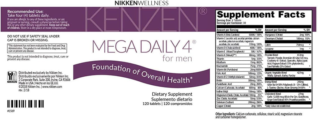 NIKKEN Mega Daily 4 for Men - Antioxidantes Naturales - 120 Comprimidos