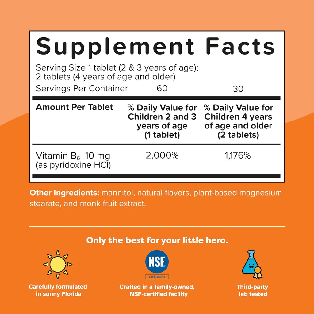 Renzo's Bright & Brainy Vitamina B6, Comprimidos Disolventes para Niños, 60 Unidades, Sabor Naranja Sin Azúcar