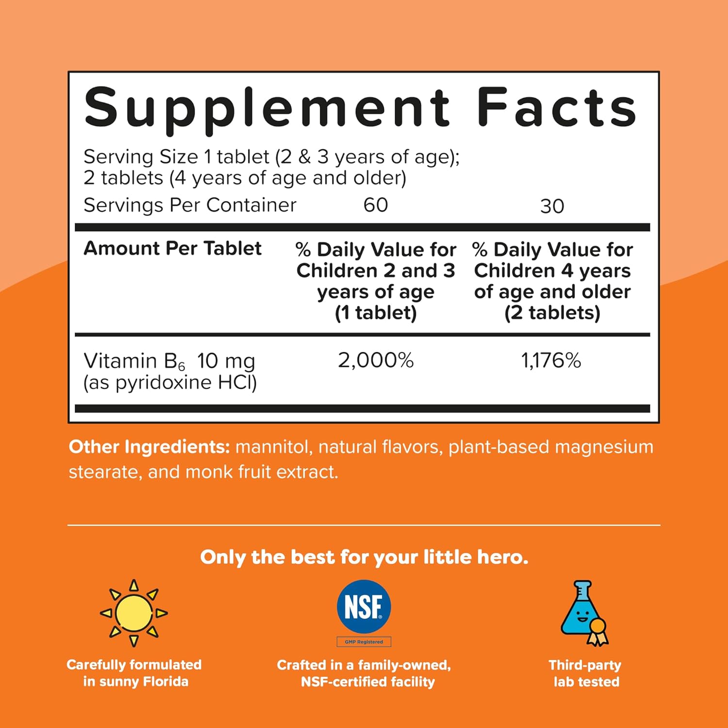 Renzo's Bright & Brainy Vitamina B6, Comprimidos Disolventes para Niños, 60 Unidades, Sabor Naranja Sin Azúcar