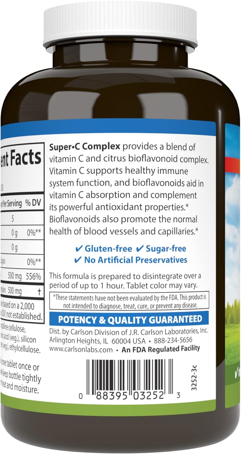 Carlson Super-C Complex, Vitamin C + Bioflavonoids, 250 Vegetarian Tablets