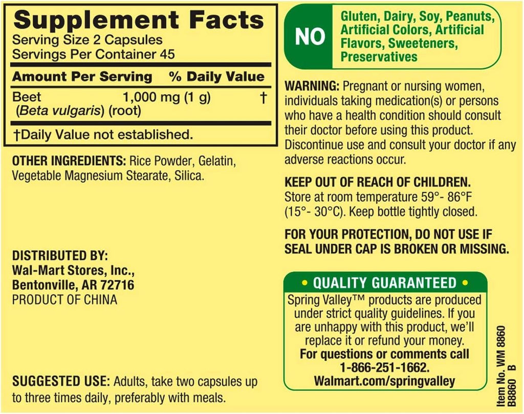 Spring Valley Raíz de Remolacha 1000 mg, 90 Cápsulas