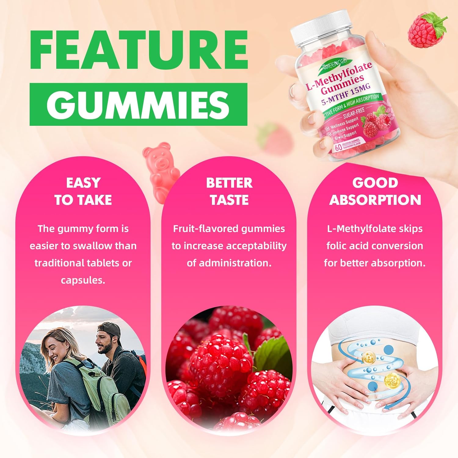 MEENCCD 2 Pack L-Methylfolate Gummies, Methylfolate Supplement, 5-MTHF Supplement - Active 5-MTHF - Supports Overall Wellness, Vegan, Raspberry Flavor, 120 Count