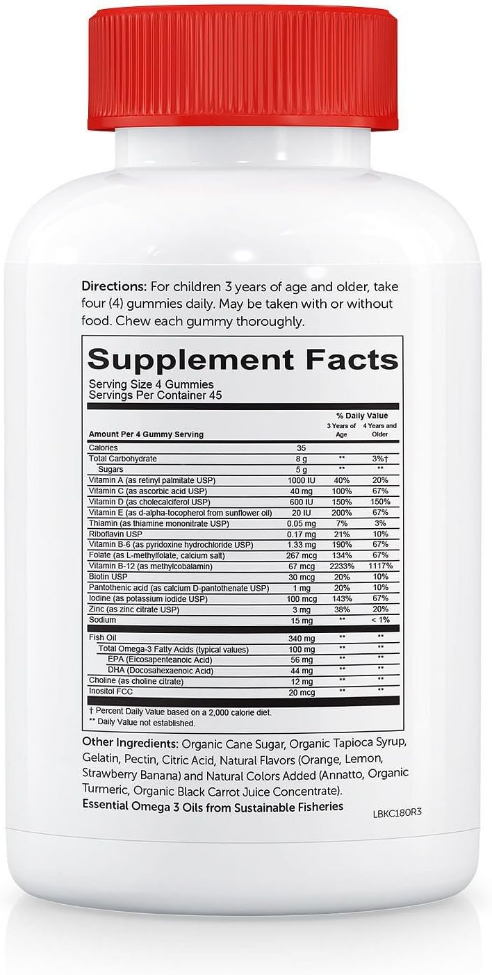 SmartyPants Kids Complete Gummy Vitamins: Multivitamínico y Omega 3 DHA/EPA, Metil B12, Vitamina D3 - 180 gominolas