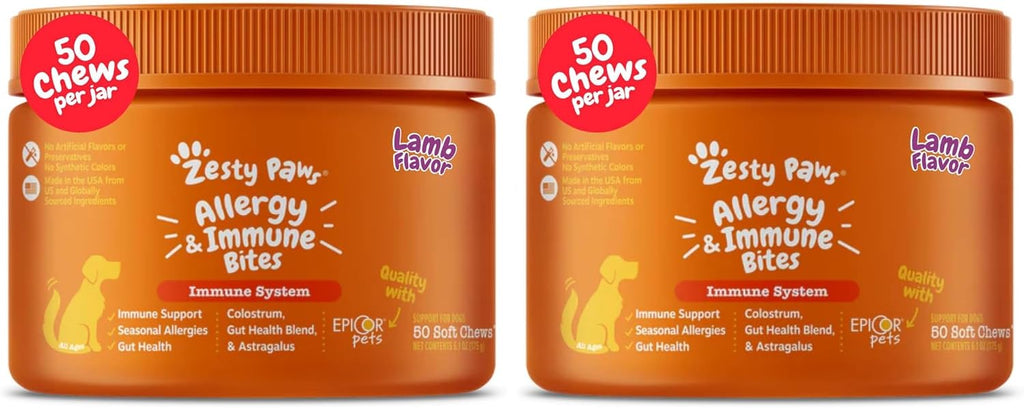 Zesty Paws Puppy Allergy Immune Bites - Masticables para alergias caninas, probióticos para picor de piel y oídos, sabor cordero, 90 unidades