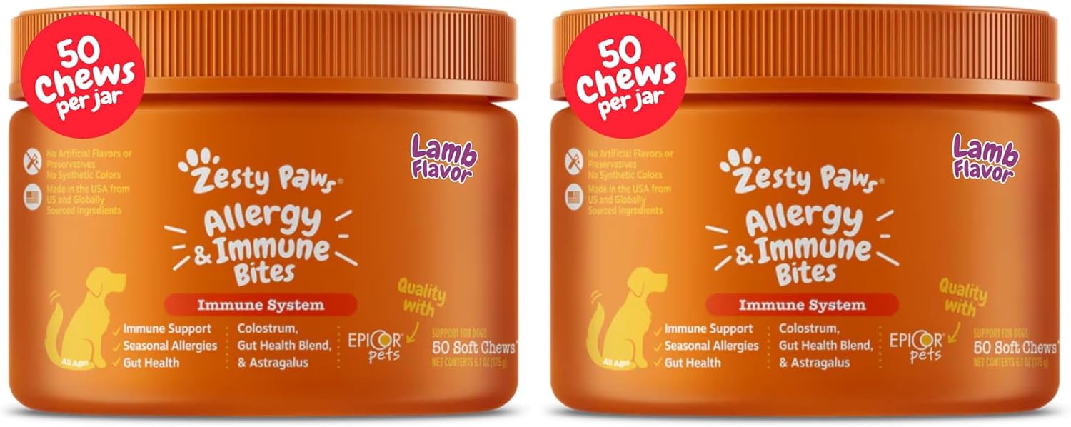 Zesty Paws Puppy Allergy Immune Bites - Masticables para Alergias en Cachorros, con Probióticos, Sabor Cordero, 90 uds.