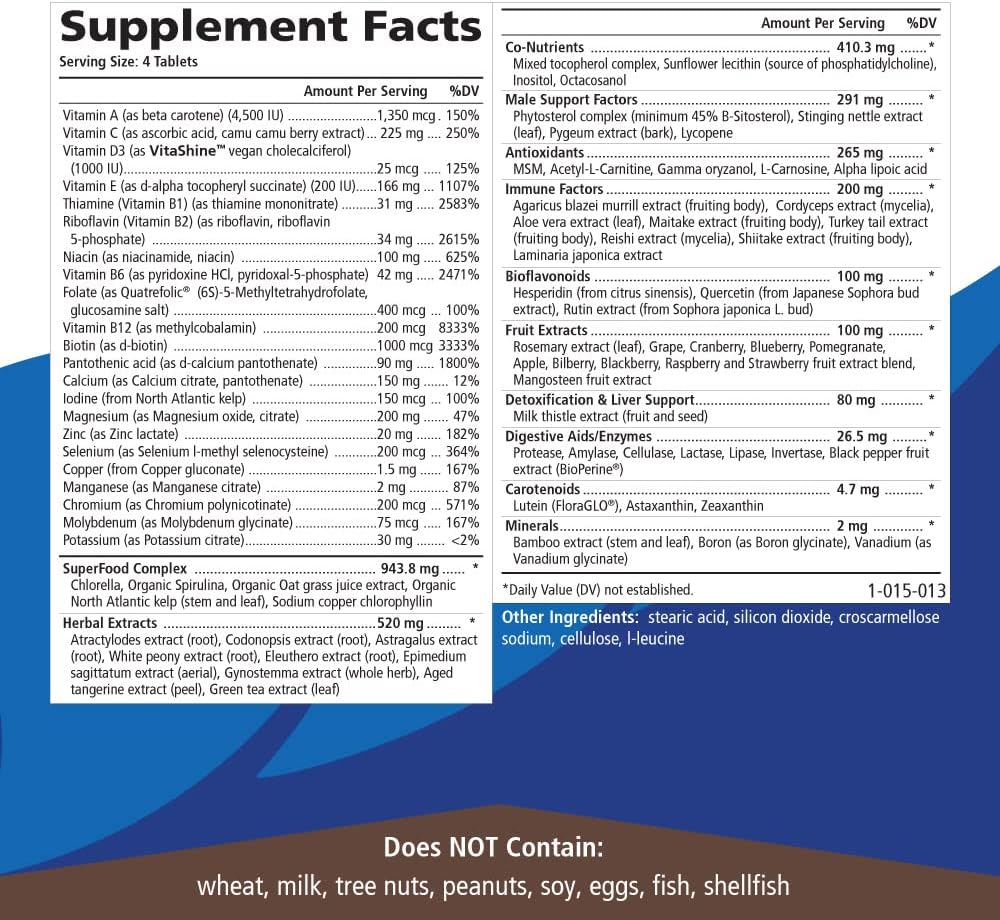 Pure Essence Labs Longevity Multivitamínico para Hombres Mayores de 40 Años - con Superalimentos, Minerales, Enzimas, Vitamina D3, B12, Biotina - 120 Comprimidos