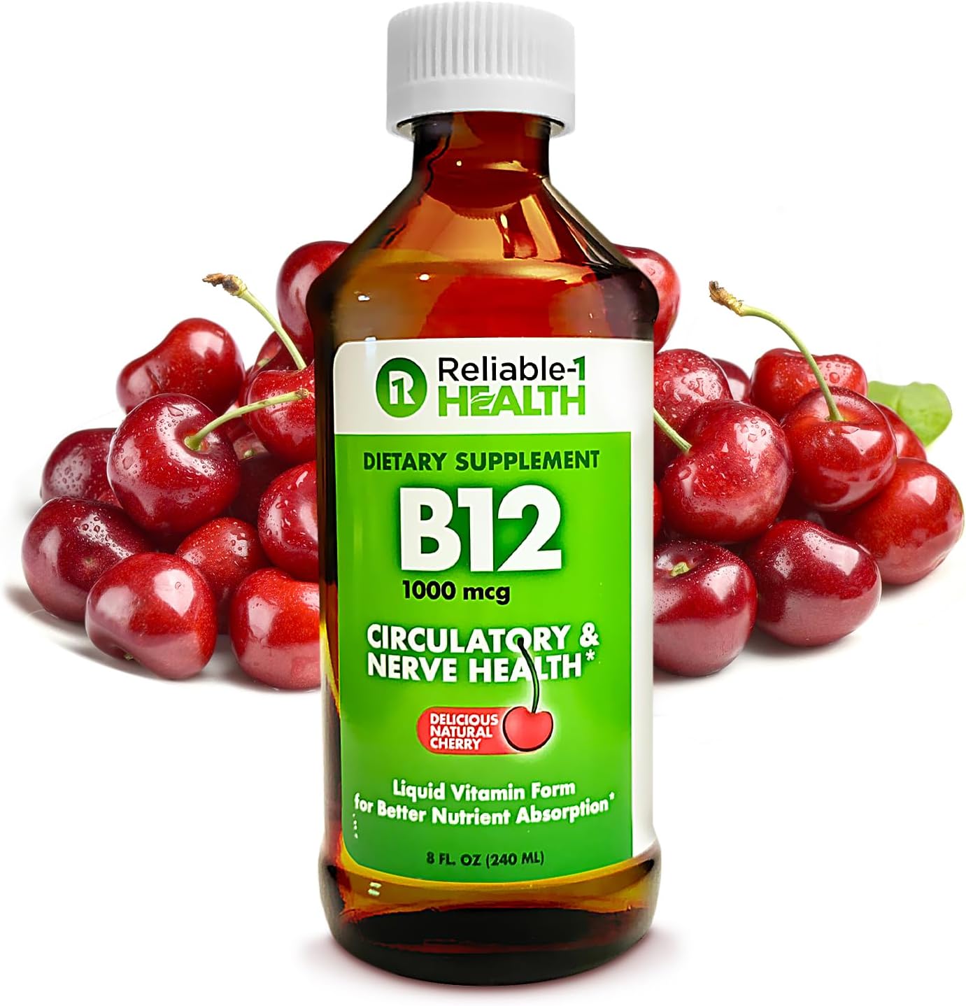 Reliable-1 Laboratories Vitamina B12 Líquida 1000mcg – Suplemento Diario para Hombres y Mujeres – Sabor Natural a Cereza