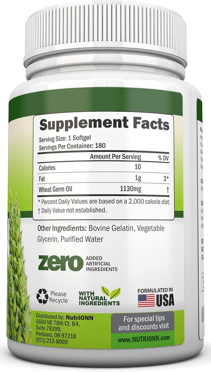 Aceite de Germen de Trigo – 1130mg – 180 Cápsulas Blandas – Prensado en Frío – Fuente Natural de Vitamina E