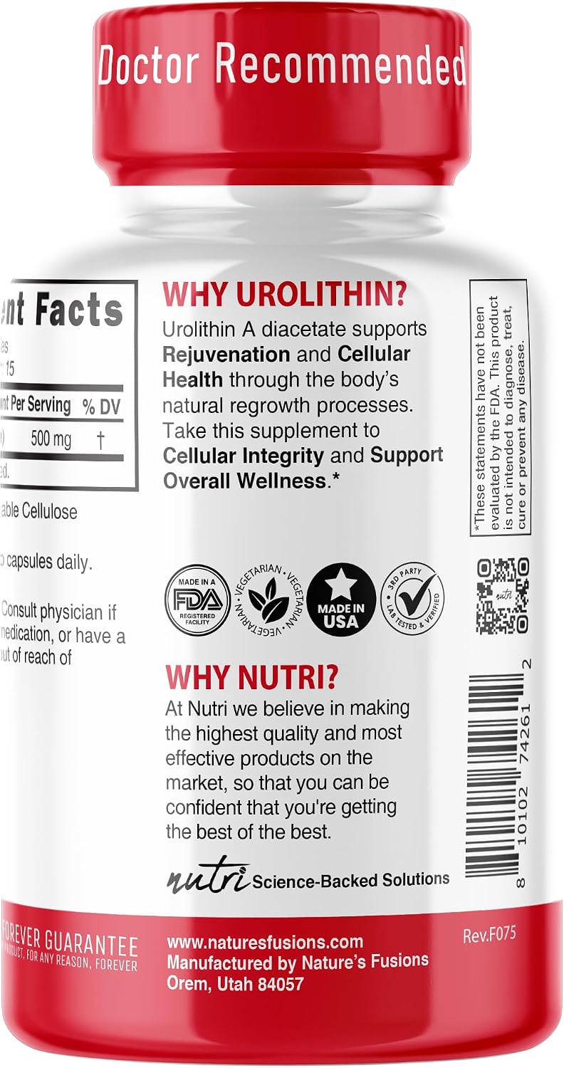 Nutri Urolithin A Suplemento 500mg - Potente Antioxidante - 30 Cápsulas Veganas