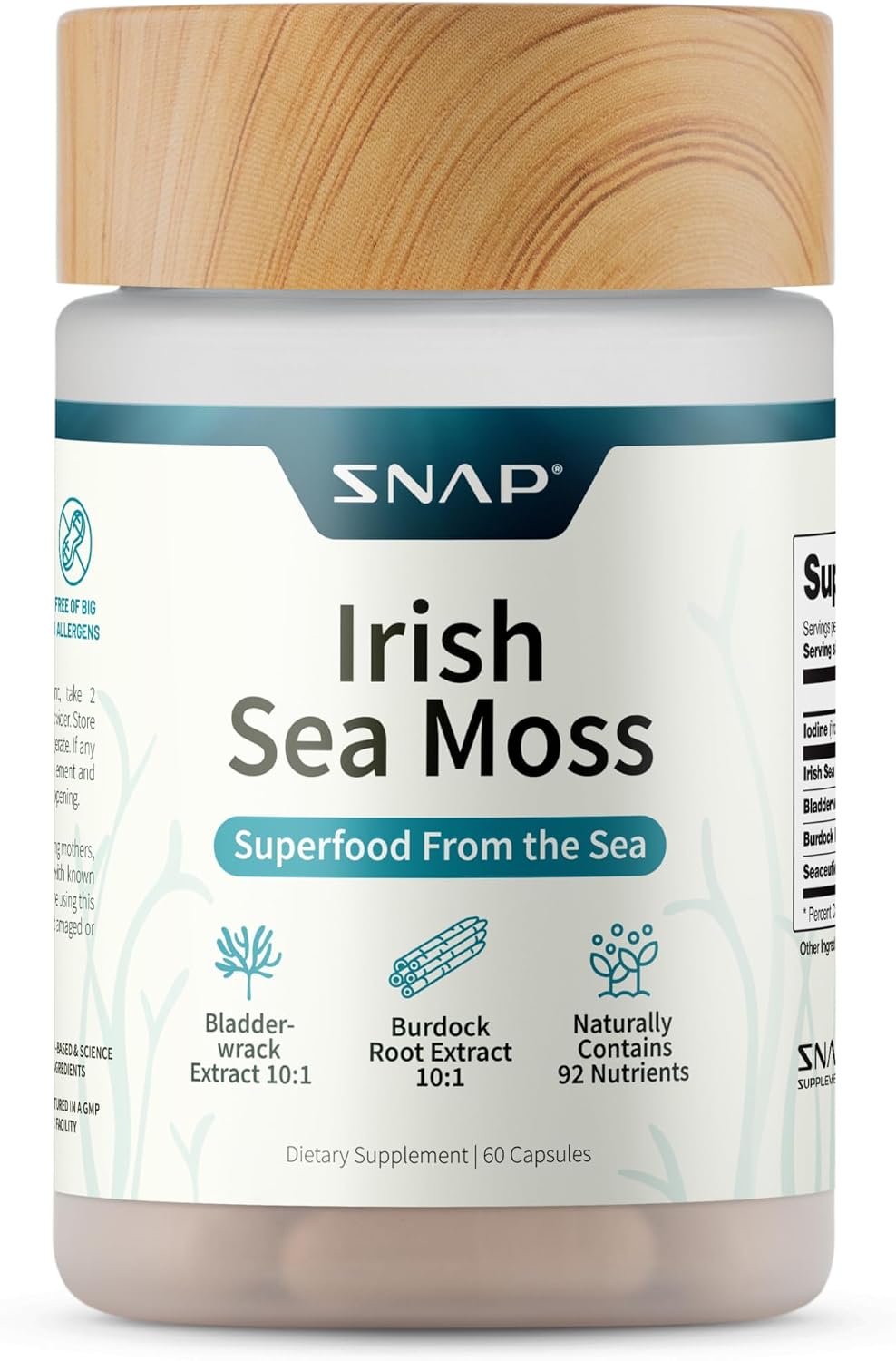 Snap Supplements Irish Sea Moss con Bladderwrack, Burdock Root y Yodo – 60 Cápsulas Veganas