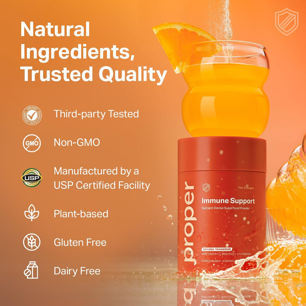 Proper, The Oranges Immune Support Supplement - Mezcla de bebida sabor naranja mandarina con saúco, vitamina C, zinc y probióticos