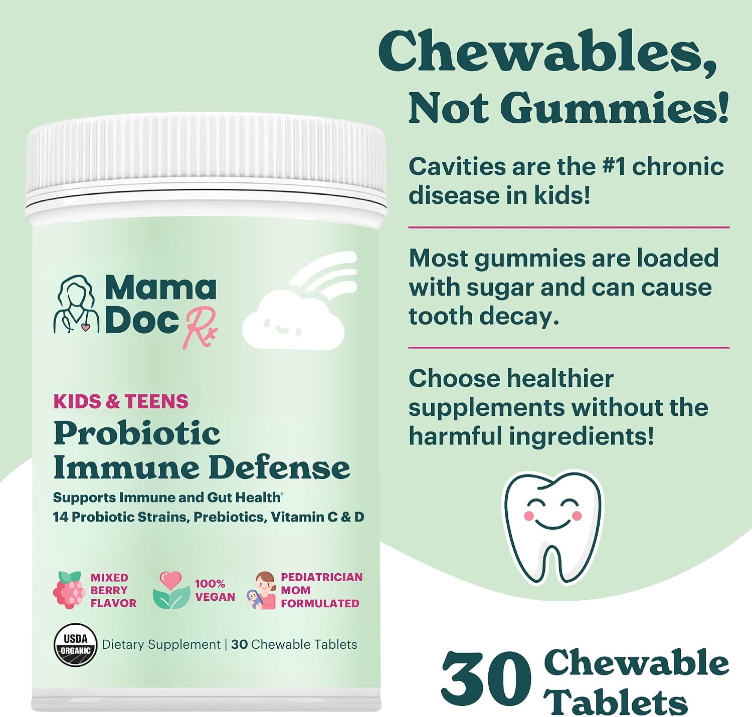 MamaDoc Rx Probiótico Orgánico para Niños y Adolescentes - Defensa Inmune - 5 mil millones de UFC - Sin Azúcar, Vegano, Sin Gluten - 14 Cepas Probióticas, Prebióticos, Vitamina C y D - 30 Comprimidos Masticables