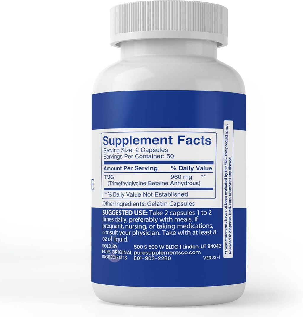 TMG (Trimetilglicina) 100 Cápsulas - Betaina Anhidra Pura - Pure Original Ingredients