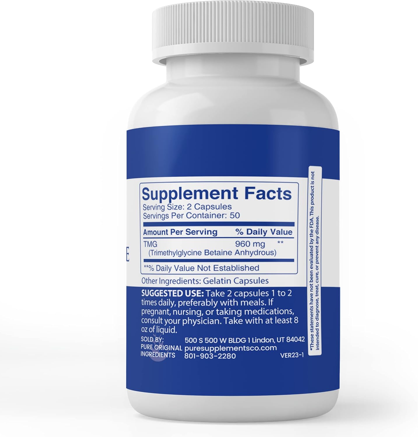 TMG (Trimetilglicina) 100 Cápsulas - Betaina Anhidra Pura - Pure Original Ingredients