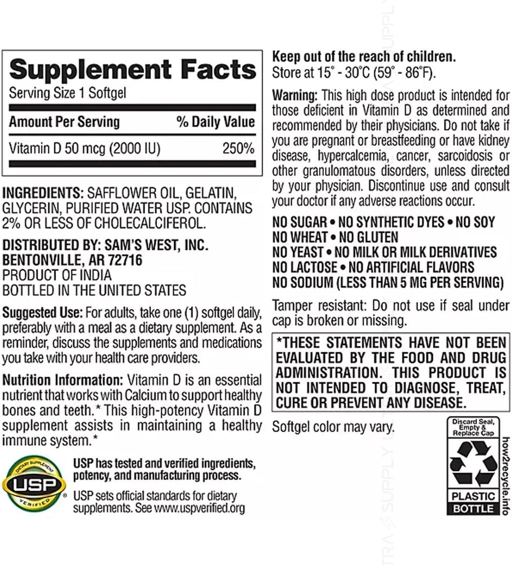 Members Mark Vitamina D3 2000 UI (50 mcg) - 400 Cápsulas Blandas