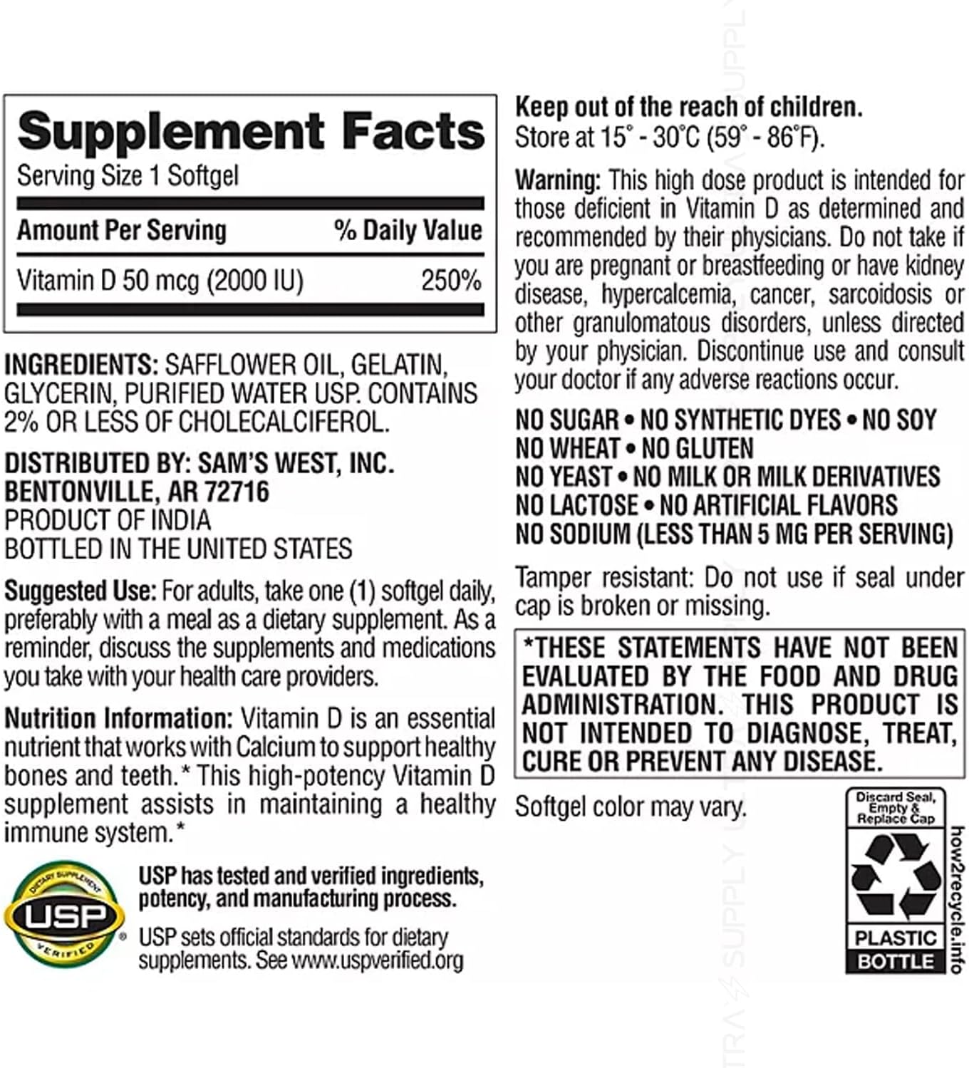 Members Mark Vitamina D3 2000 UI (50 mcg) - 400 Cápsulas Blandas