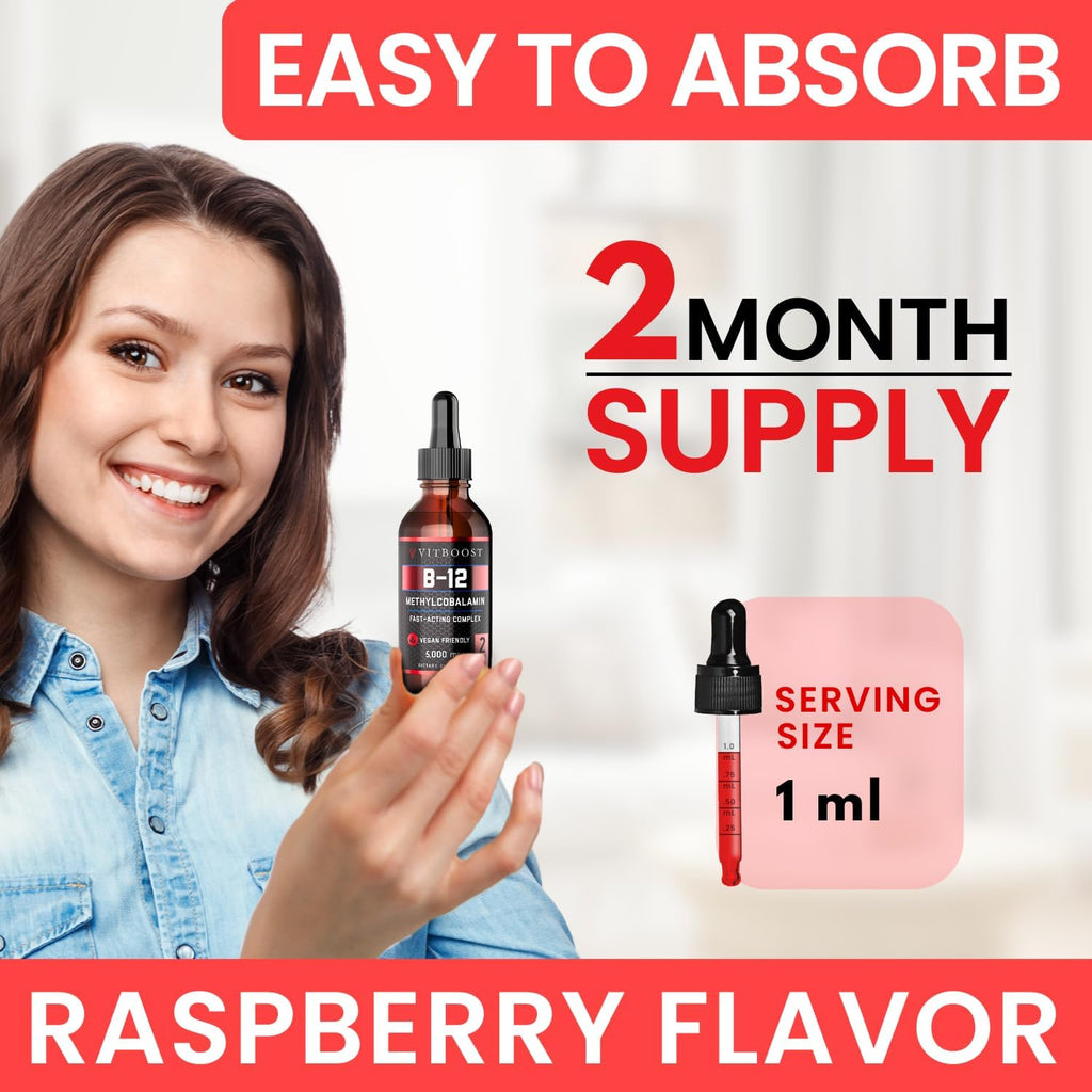 VITBOOST Gotas de Vitamina B12 Líquida Vegana – 60 dosis de 5000 mcg con Sabor a Frambuesa – Metilcobalamina Sublingual