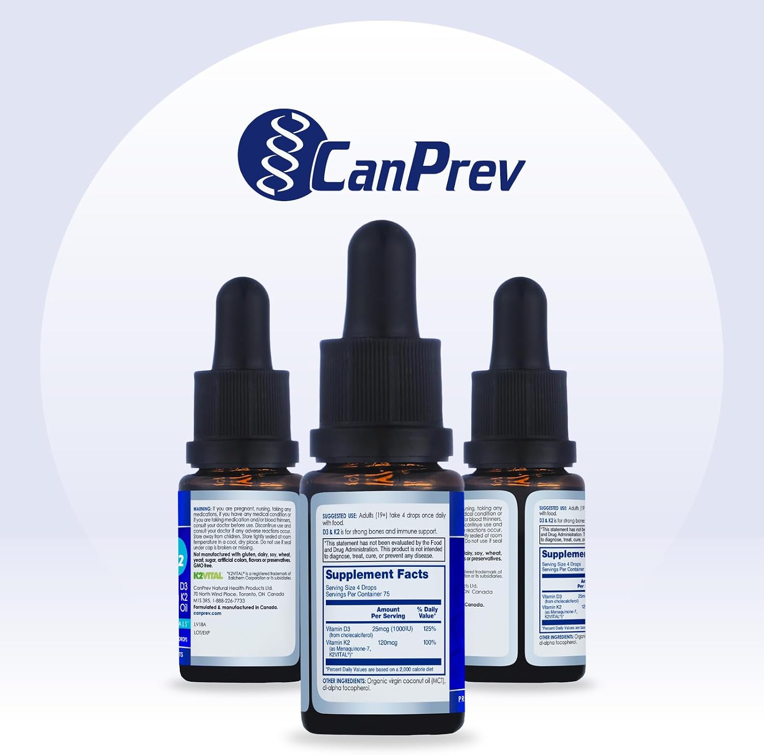 CanPrev D3 & K2 Drops - Gotas líquidas de vitamina D3 y K2 MK-7 con MCT, 15 ml (450 gotas)