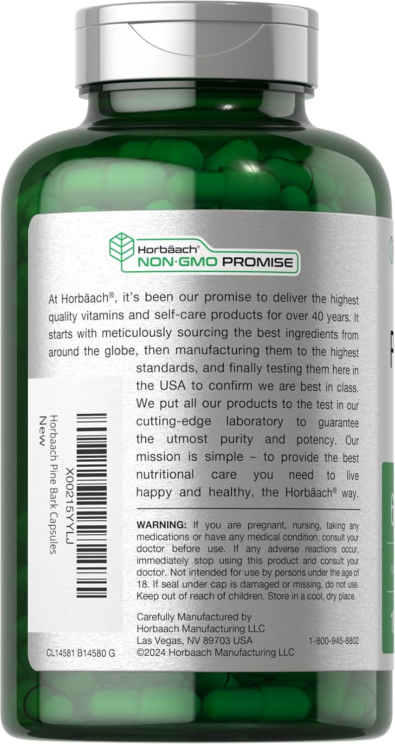 Horbäach Extracto de Corteza de Pino | 180 Cápsulas | Estandarizado al 75% de Proantocianidinas | Alta Potencia