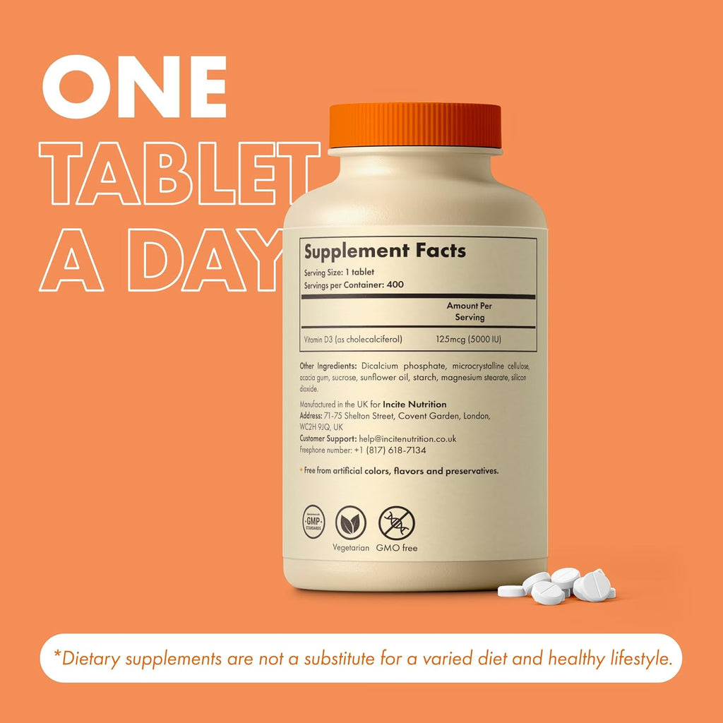 Incite Nutrition Vitamina D3 5000 IU - 400 Microcomprimidos de Colecalciferol - Suplemento Vegetariano - Alta Concentración