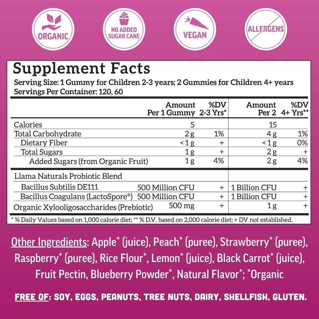 Llama Naturals Probiótico y Prebiótico para Niños, Gominolas Orgánicas, Mix de Bayas, 120 uds