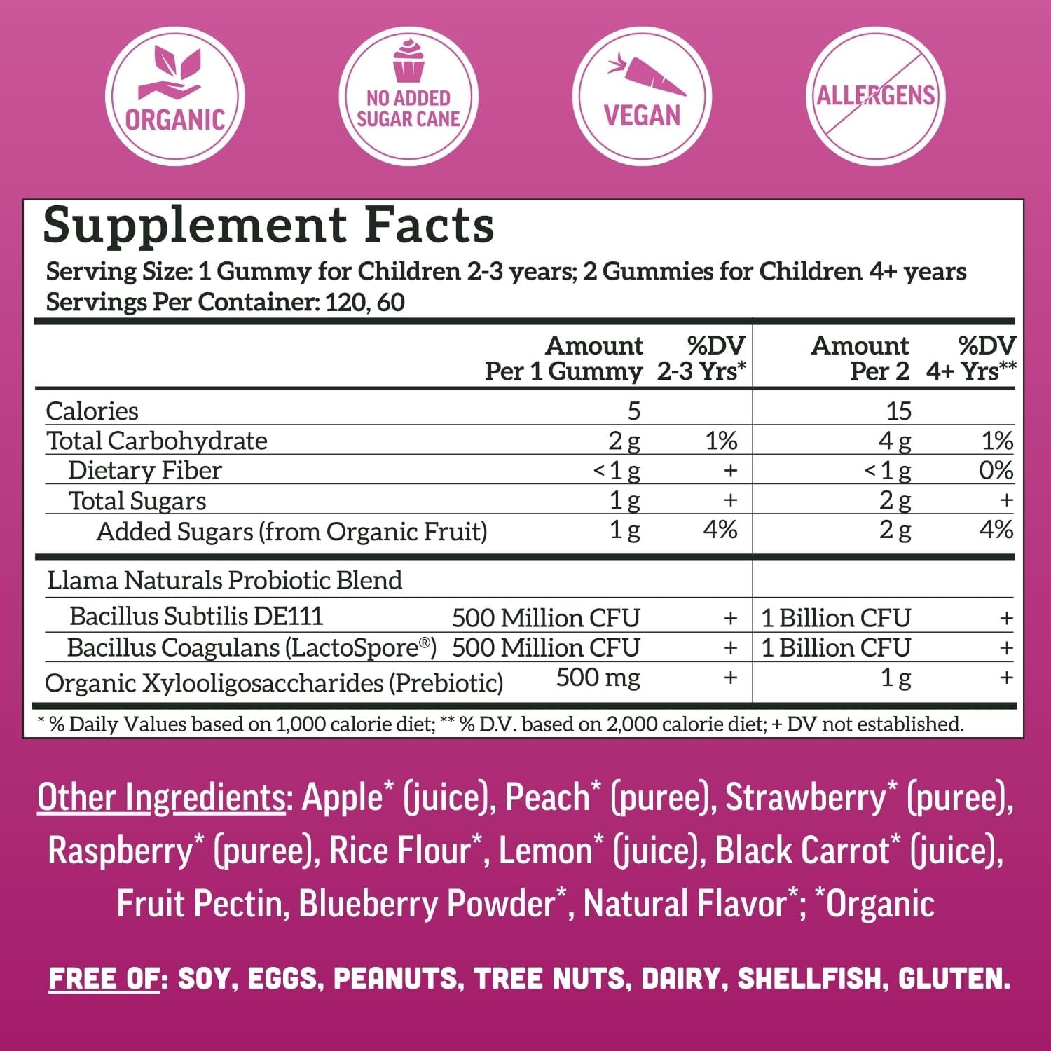 Llama Naturals Probiótico y Prebiótico para Niños, Gominolas Orgánicas, Mix de Bayas, 120 uds