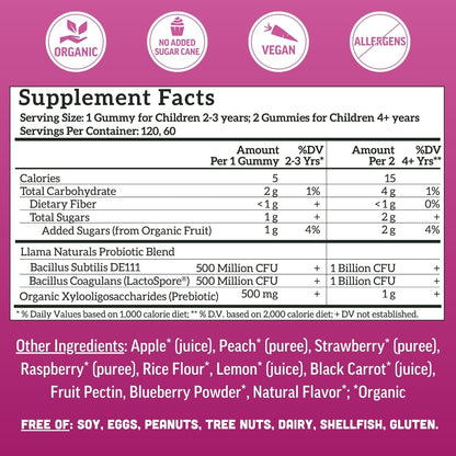 Llama Naturals Probiótico y Prebiótico para Niños, Gominolas Orgánicas, Mix de Bayas, 120 uds – Image 4