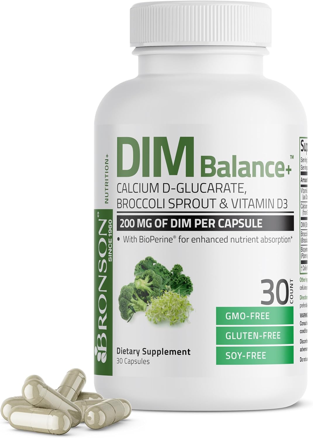 Bronson DIM Balance+ con Calcio D-Glucarato, Extracto de Brotes de Brócoli y Vitamina D3, 200 mg de DIM por Cápsula, 60 Cápsulas Vegetales