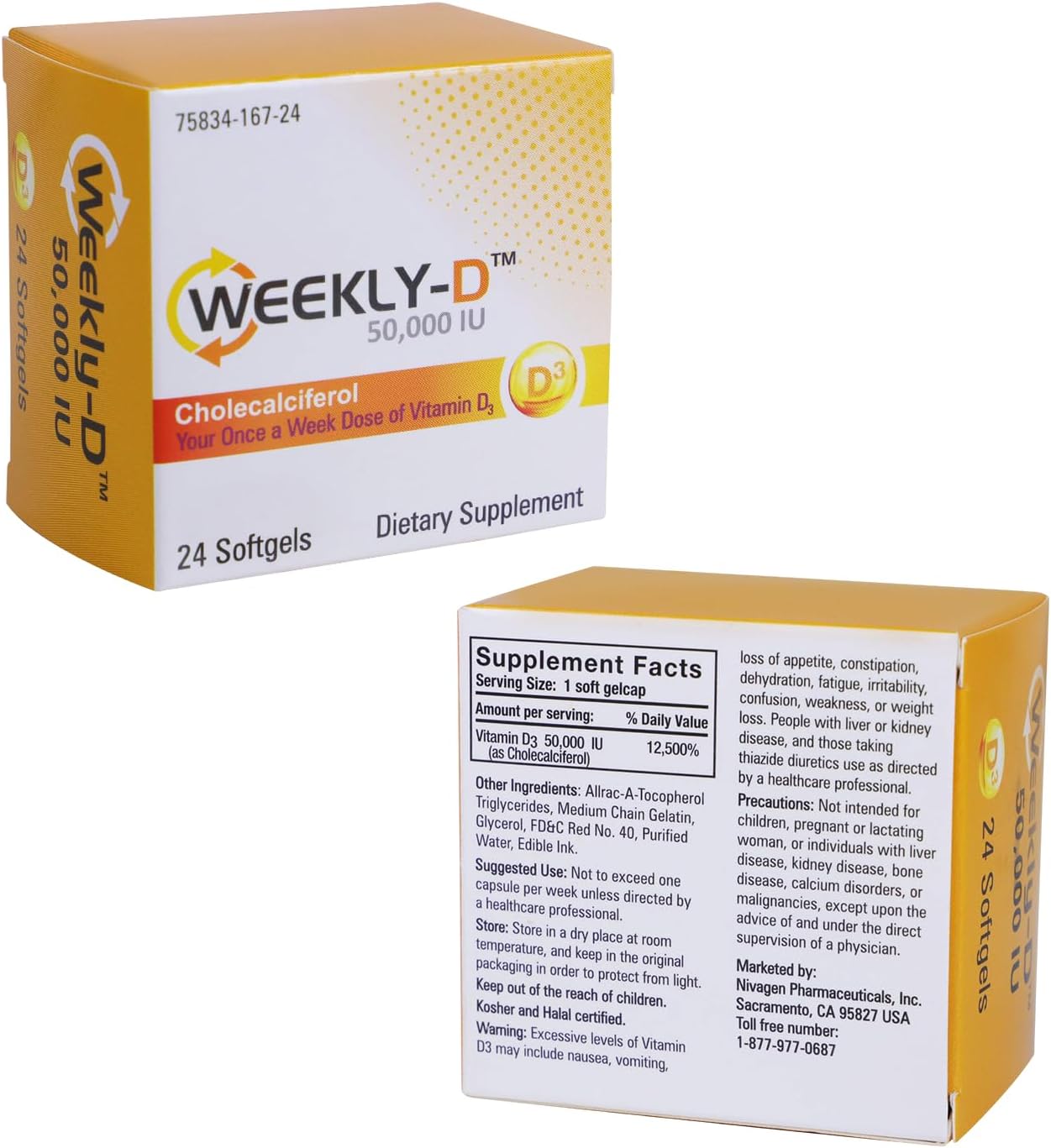 Nivagen Weekly-D Vitamina D3 50.000 UI (Colecalciferol) – 24 Cápsulas Blandas – Dosis Semanal