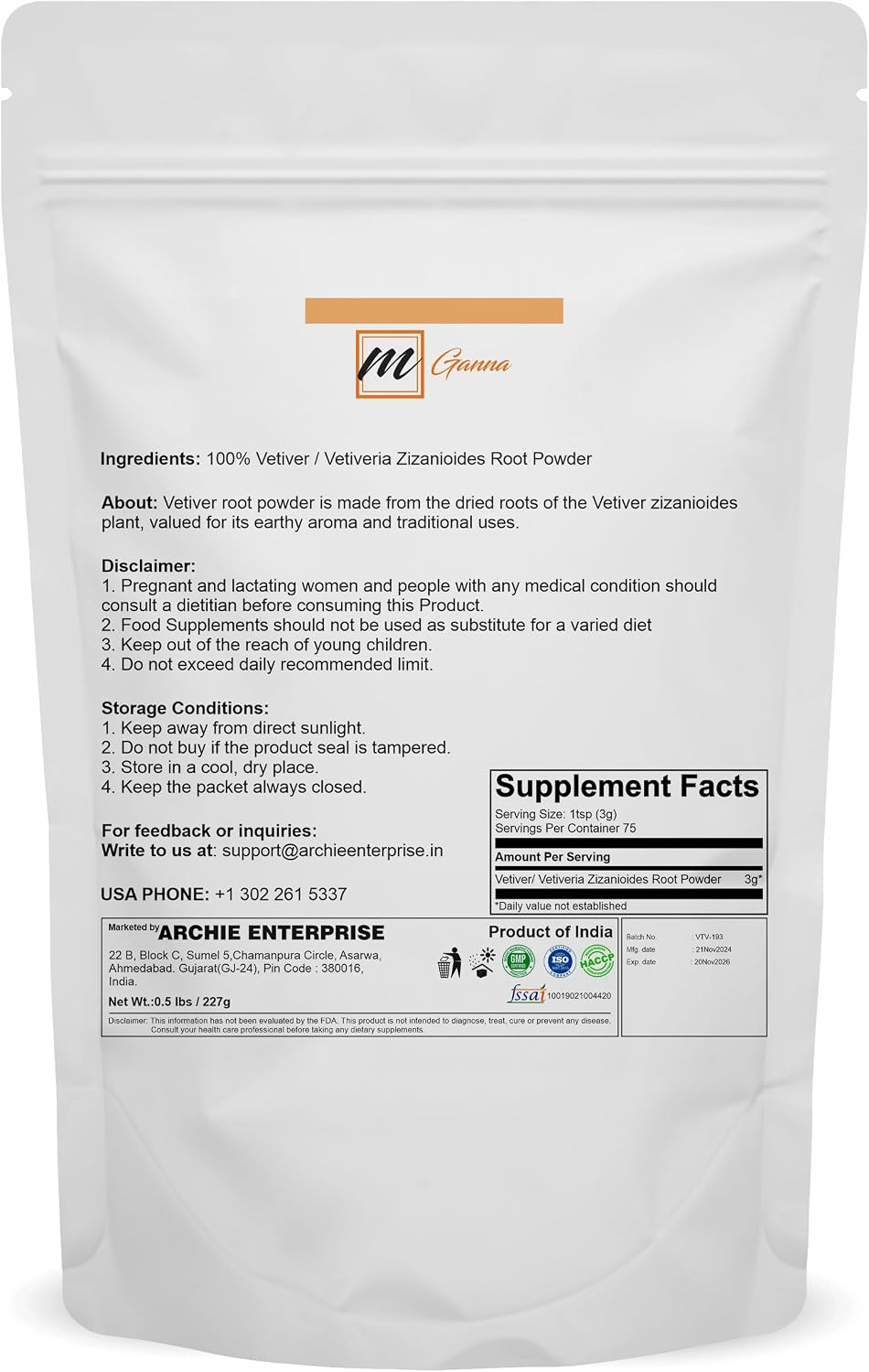 mGanna 100% Natural Vetiver/Vetiveria Zizanioides/Khus Root Powder for Ayurvedic, Herbal, and Cosmetic Formulations (227 g)