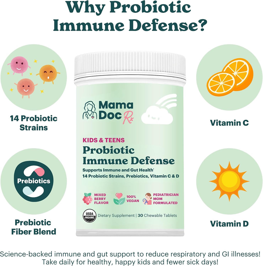 MamaDoc Rx Probiótico Orgánico para Niños y Adolescentes - Defensa Inmune - 5 mil millones de UFC - Sin Azúcar, Vegano, Sin Gluten - 14 Cepas Probióticas, Prebióticos, Vitamina C y D - 30 Comprimidos Masticables