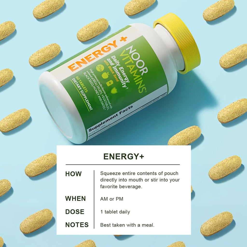 Noor Vitamins Energy+ Multivitamínico Halal – 26 Vitaminas y Minerales con Black Seed, Dátiles y Miel, Sin Gelatina, 2 Meses de Suministro