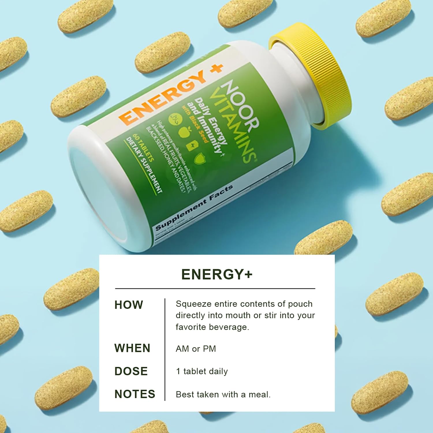 Noor Vitamins Energy+ Multivitamínico Halal – 26 Vitaminas y Minerales con Black Seed, Dátiles y Miel, Sin Gelatina, 2 Meses de Suministro