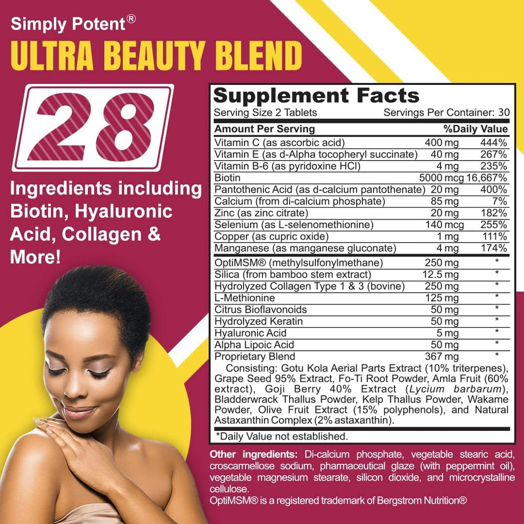 Simply Potent Vitaminas para Piel, Cabello y Uñas - 28 Ingredientes, Biotina 5000mcg, Queratina, MSM, Colágeno, Ácido Hialurónico - 60 Comprimidos