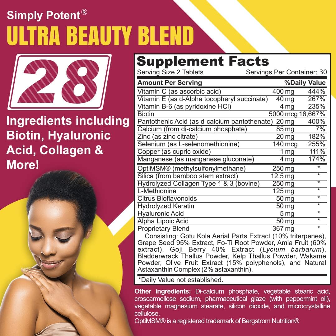 Simply Potent Vitaminas para Piel, Cabello y Uñas - 28 Ingredientes, Biotina 5000mcg, Queratina, MSM, Colágeno, Ácido Hialurónico - 60 Comprimidos