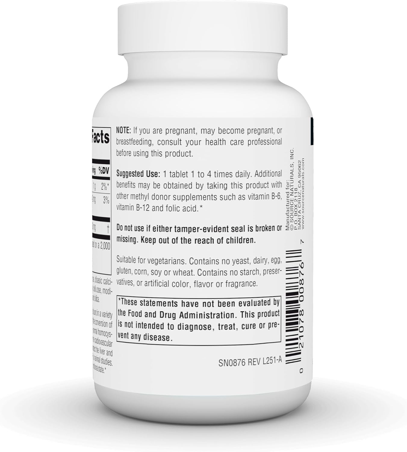 Source Naturals TMG - Trimetilglicina (Betaína Anhidra) 750 mg - 60 Comprimidos Vegetarianos