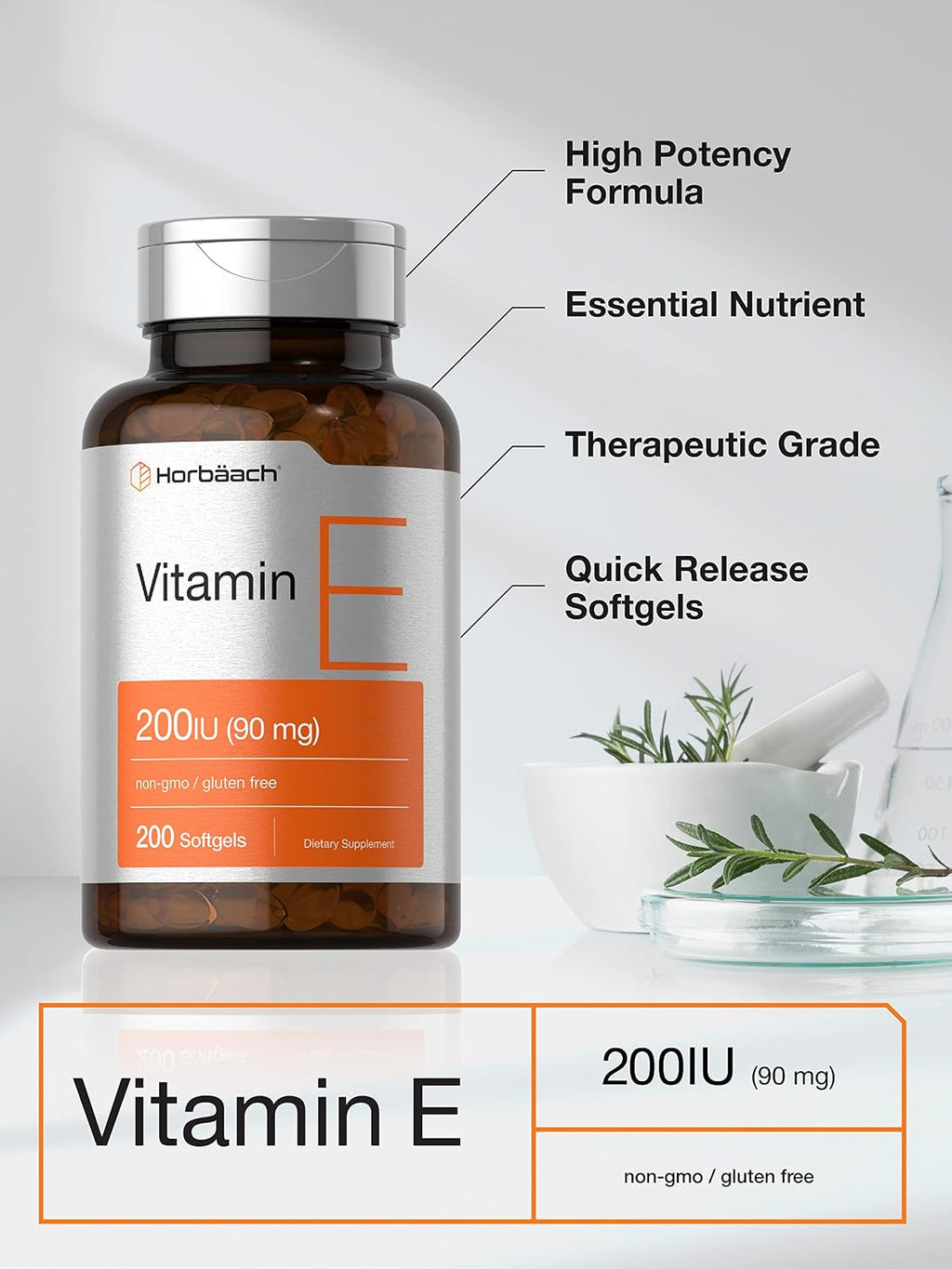 Horbäach Vitamina E 200 UI (90 mg) – 200 Cápsulas Blandas – Sin Gluten y No OGM