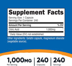 Nutricost Ácido Cítrico 1000mg (1 gramo), 240 Cápsulas - Sin Gluten, No Transgénico