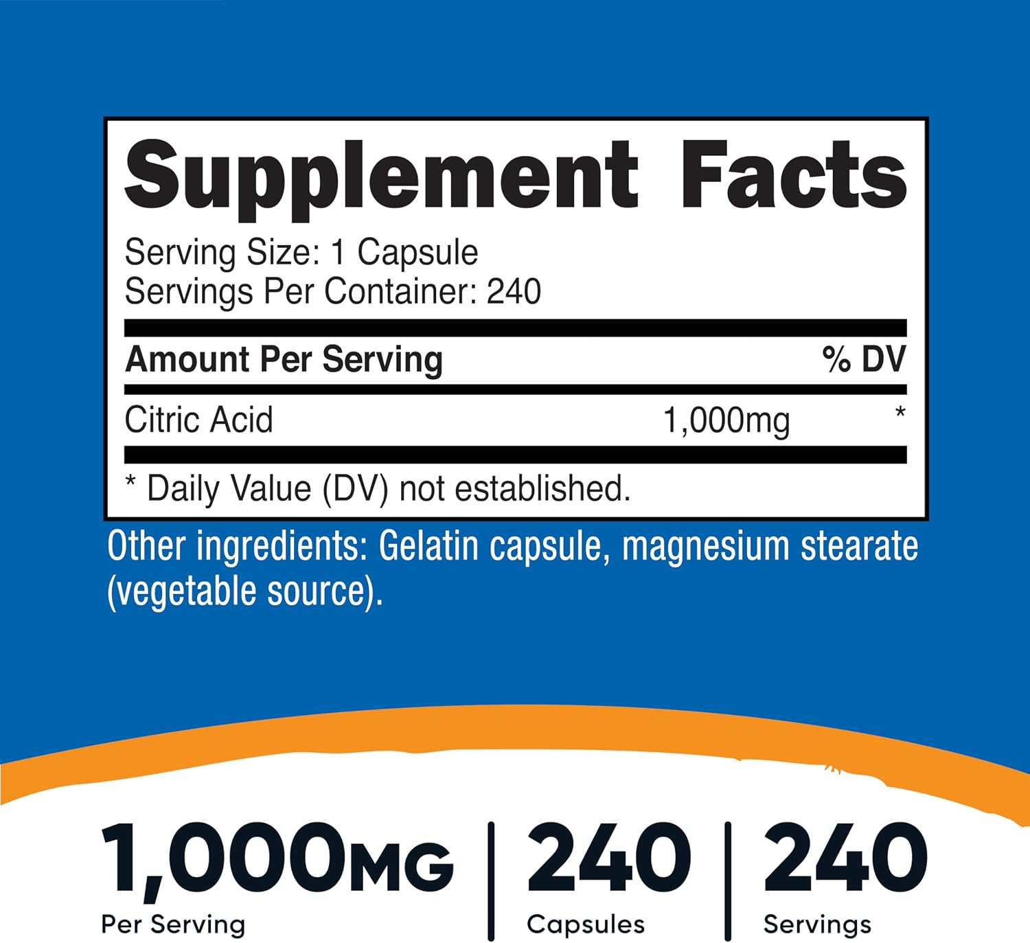 Nutricost Ácido Cítrico 1000mg (1 gramo), 240 Cápsulas - Sin Gluten, No Transgénico