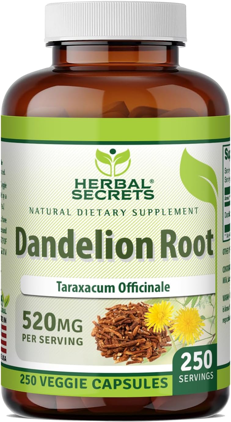 Herbal Secrets Raíz de Diente de León 520 mg – 250 Cápsulas Veganas