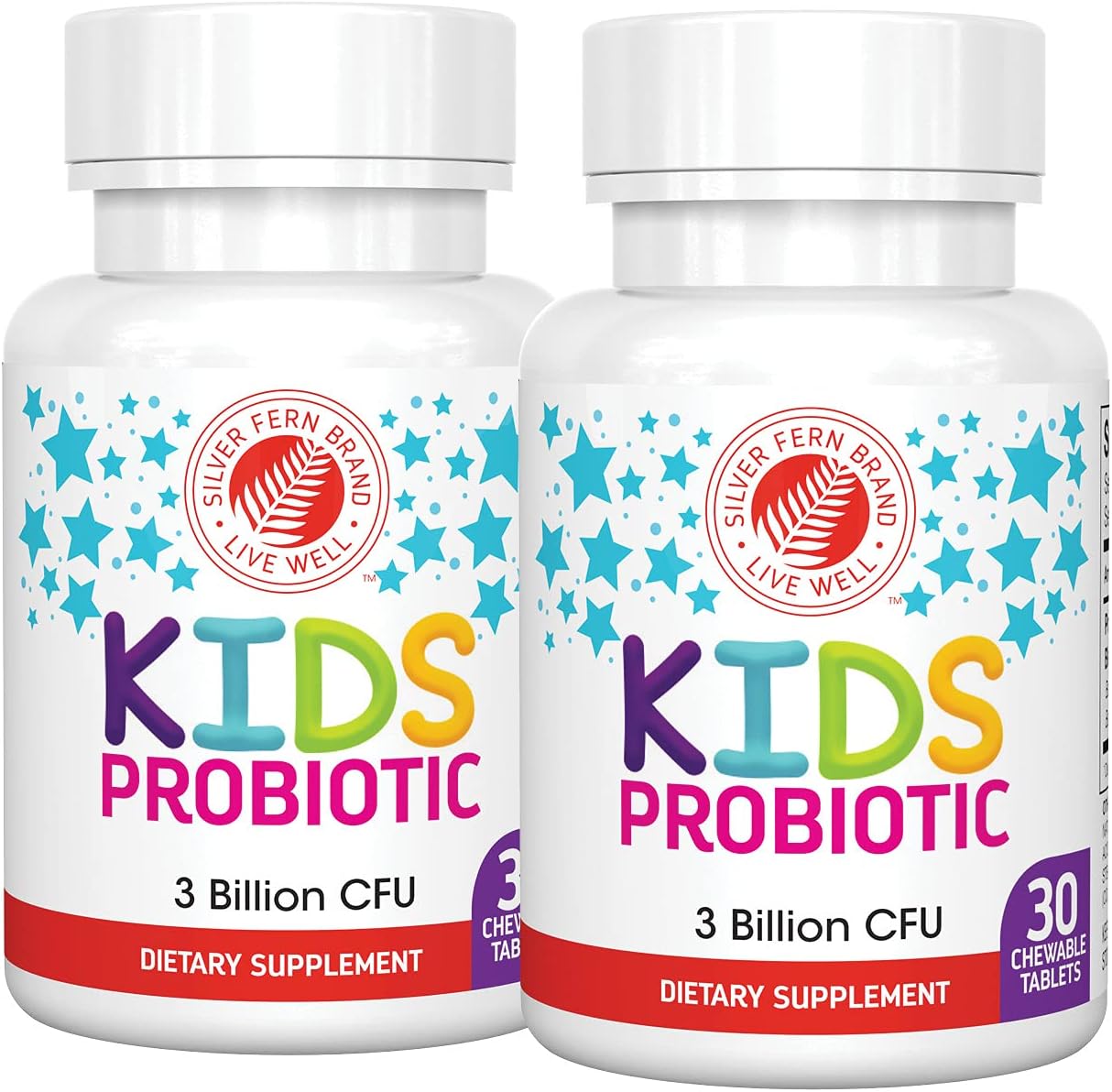 Silver Fern Brand Kids Ultimate Probiotic - 2 Botellas - 30 Comprimidos Masticables C/U - Sin Azúcar ni Gluten - Suplemento Infantil con Cepas Bacillus