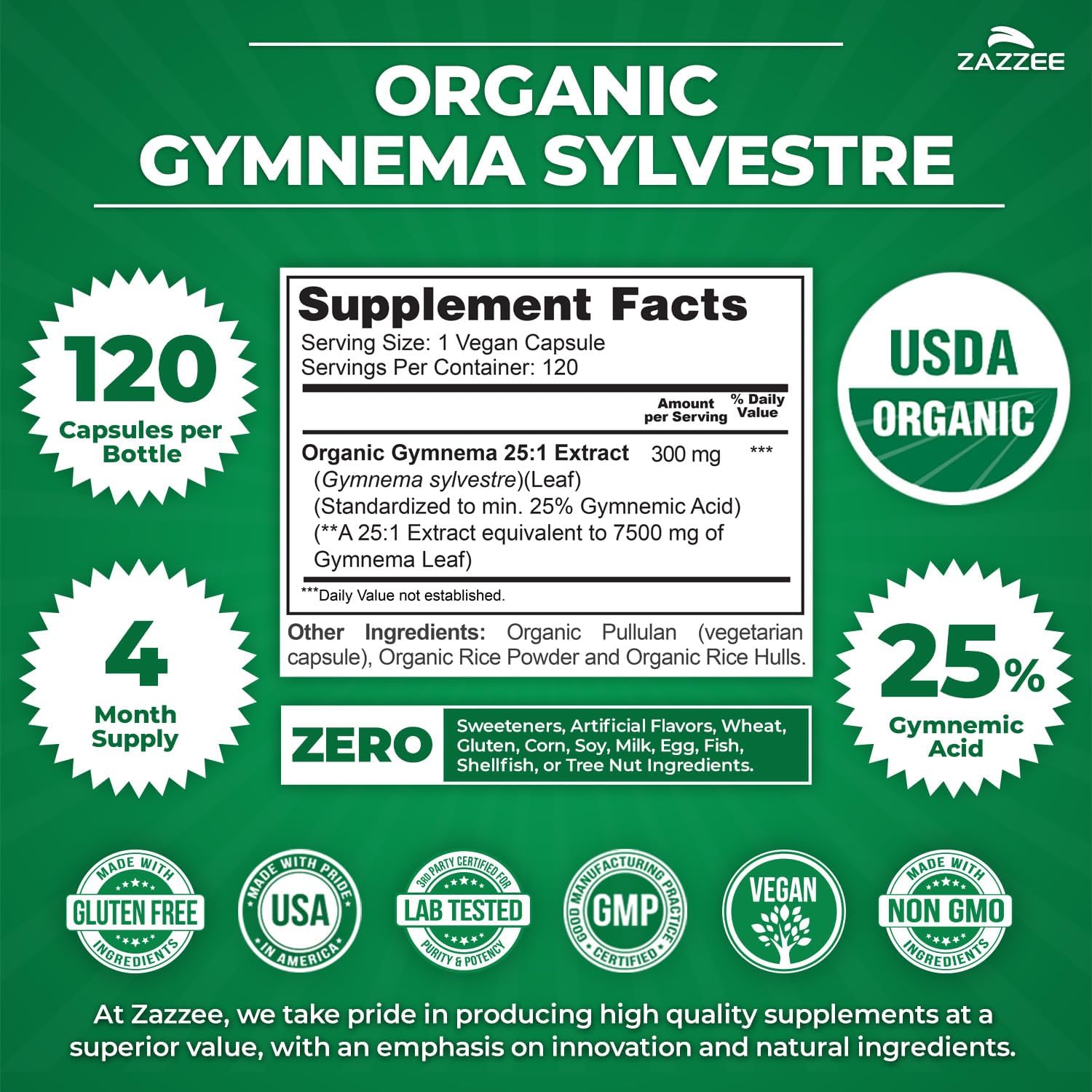 Zazzee USDA Organic Extracto de Gymnema Sylvestre 25:1, 25% Ácido Gimnémico, 120 Cápsulas Veganas