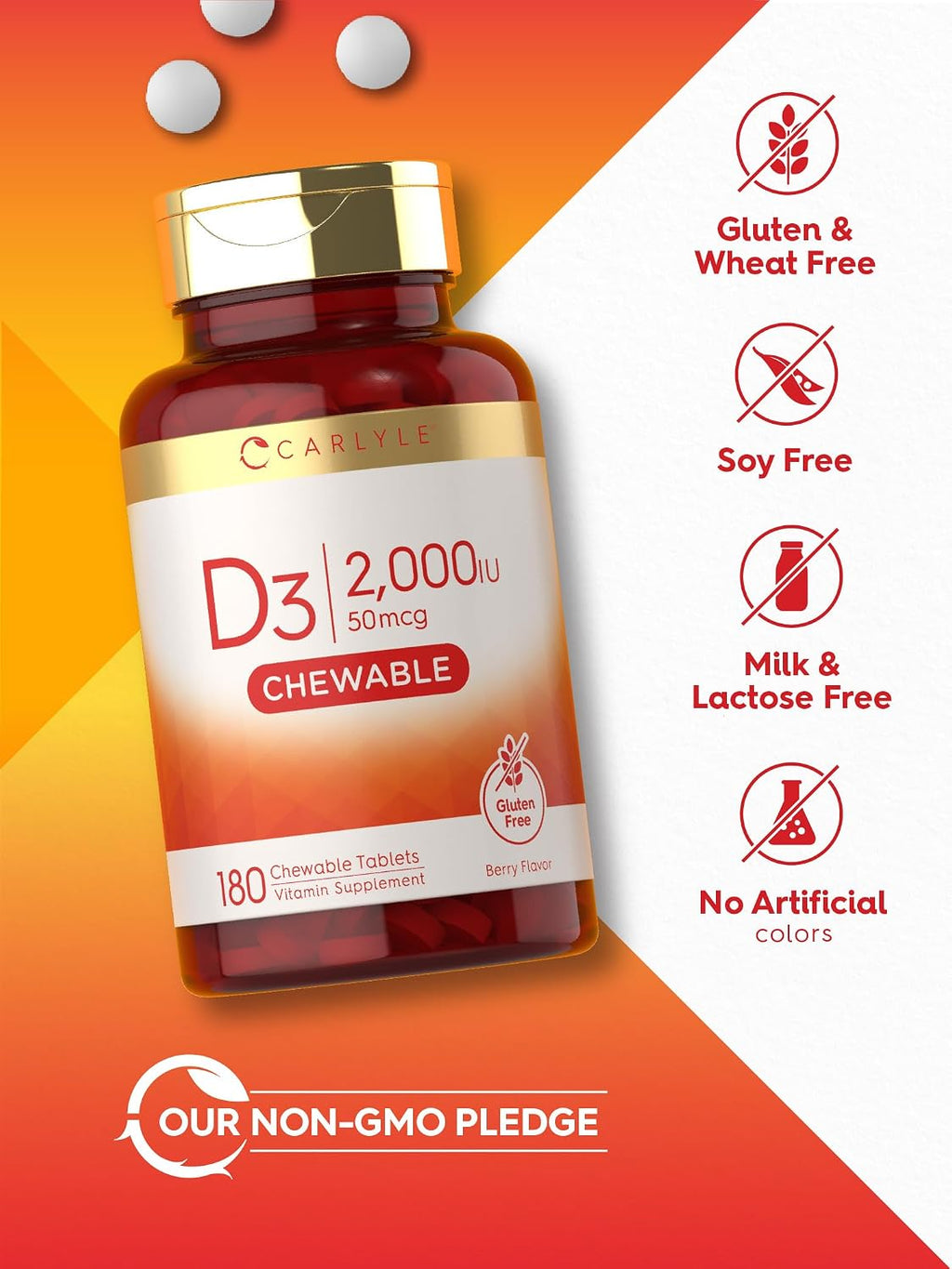 Carlyle Vitamina D3 Masticable 2000 UI (50 mcg) - 180 Comprimidos - Sabor Bayas - Vegetariano y Sin Gluten