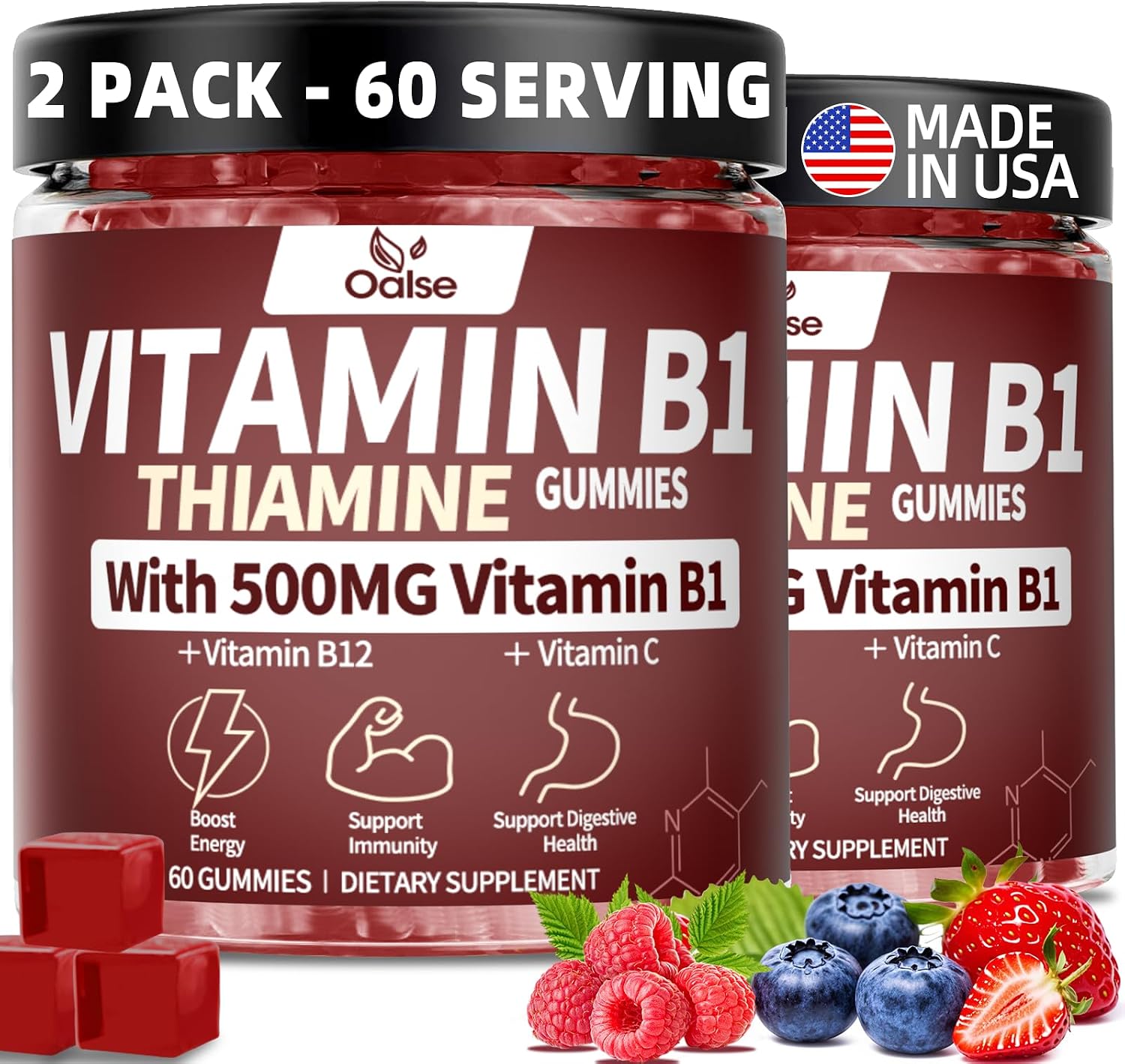OALSE Gominolas de Tiamina Vitamina B1 - 500mg, Veganas, Sin Azúcar, Sabor a Bayas Mixtas, 60 Unidades
