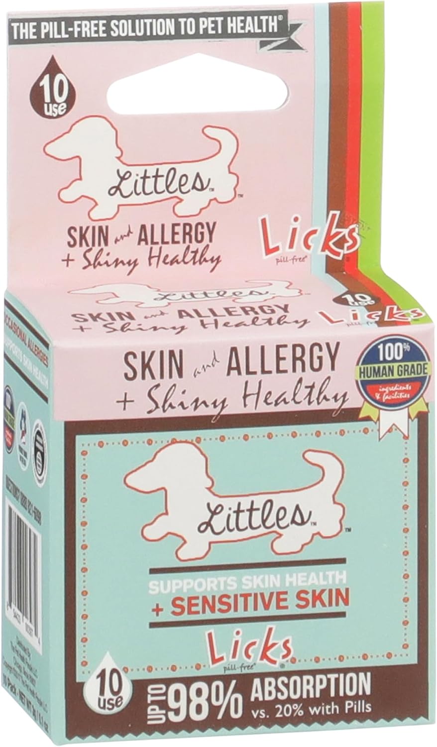 Licks Littles Skin & Allergy - Apoyo para la piel, el pelaje y las alergias estacionales en perros pequeños - Omega 3, Cúrcuma, Inositol y Vitamina C - Sobres de gel sin pastillas - Sabor a pescado - 30 sobres