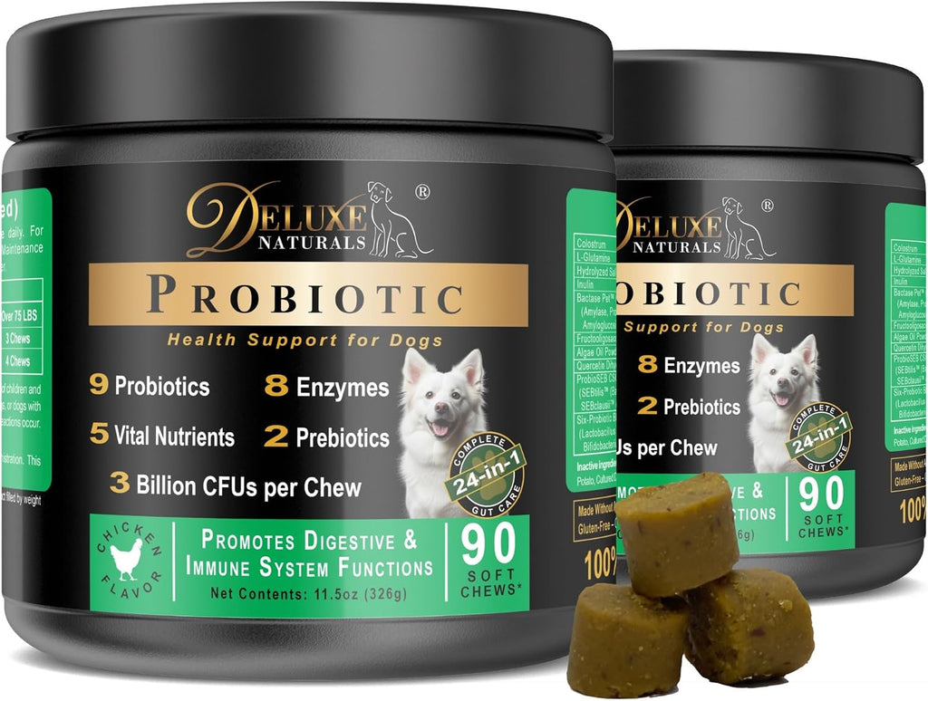 Deluxe Naturals Probióticos Masticables para Perros – 180 Unidades (2 x 90) – Sabor a Pollo