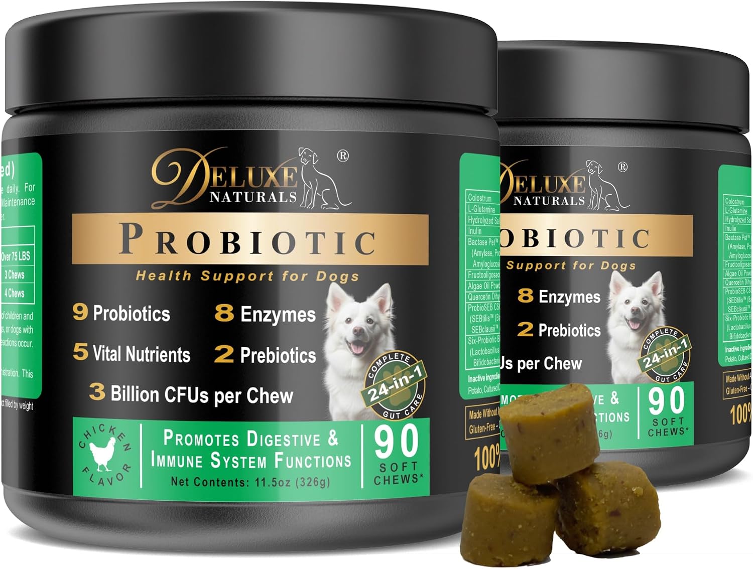 Deluxe Naturals Probióticos Masticables para Perros – 180 Unidades (2 x 90) – Sabor a Pollo