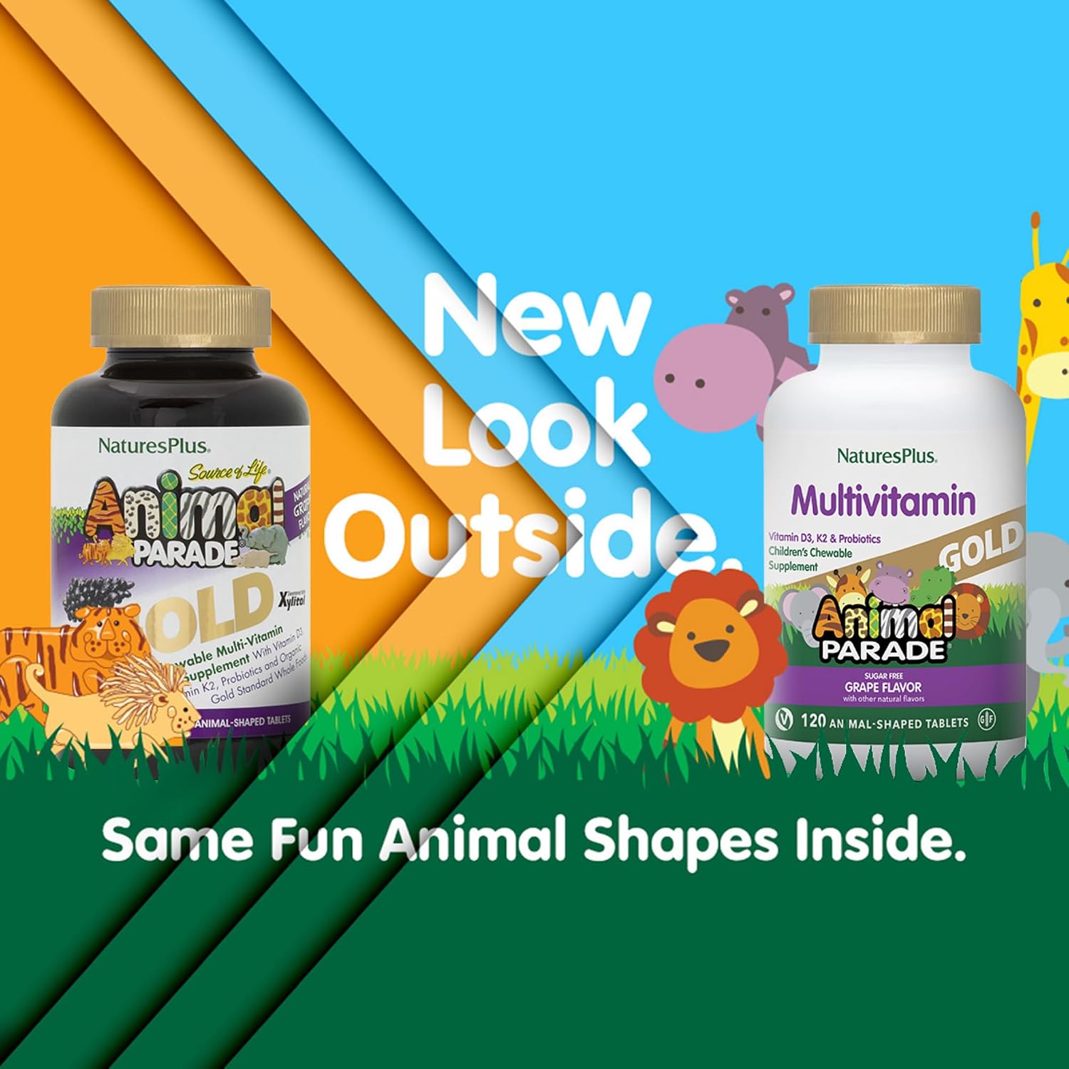 NaturesPlus Animal Parade Gold Multivitamínico Infantil – 120 Comprimidos Masticables Sabor Uva (Pack de 2)