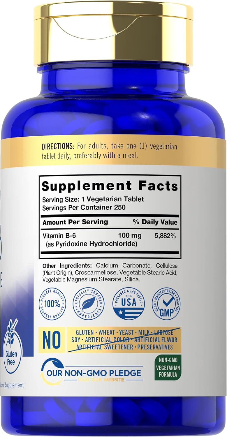 Carlyle Vitamina B6 100mg | 250 Comprimidos | Piridoxina Clorhidrato | Vegetariano, Sin Gluten, No GMO