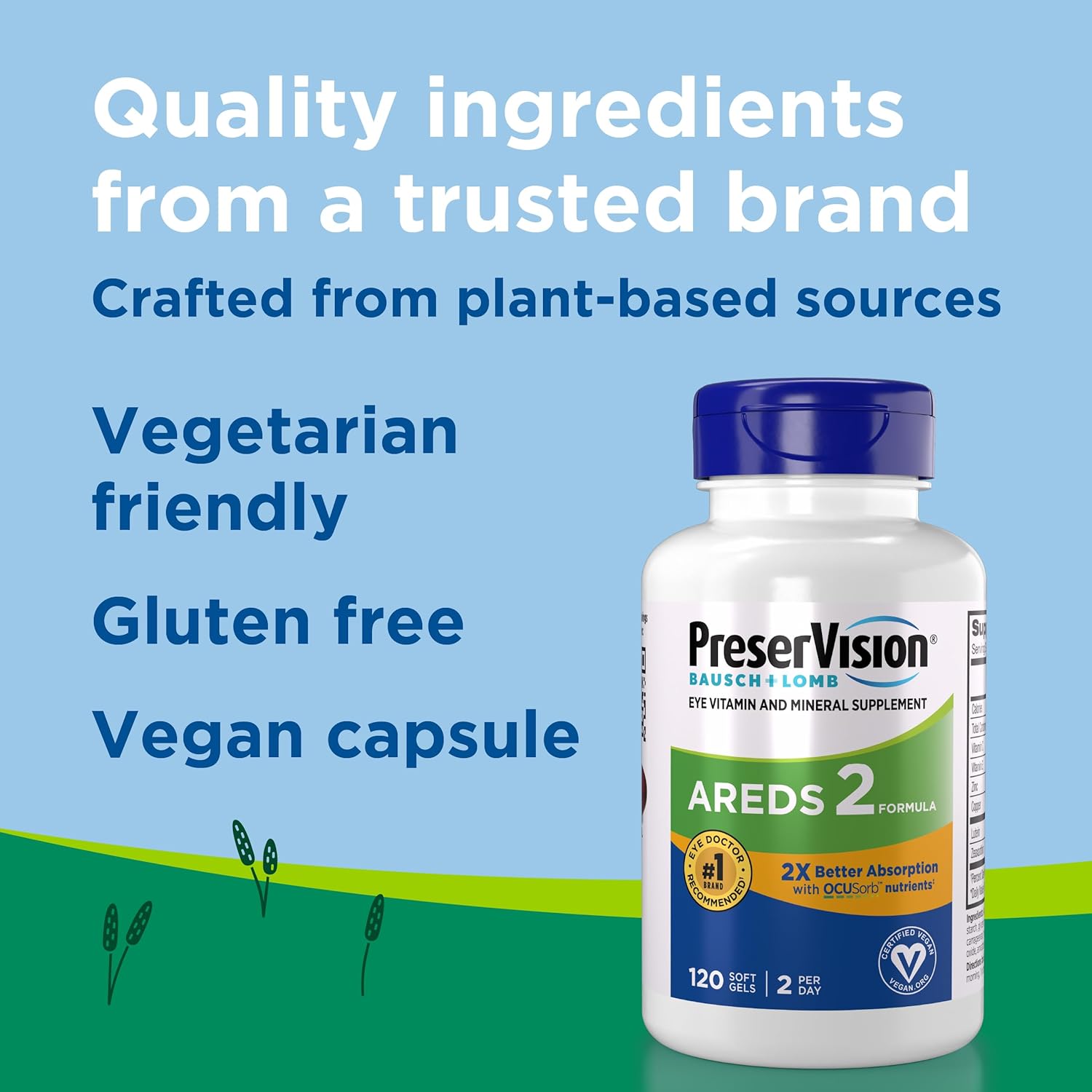 PreserVision AREDS 2 Suplemento vitamínico y mineral para la visión con OCUSorb, 120 cápsulas blandas veganas, contiene luteína, zeaxantina, vitamina C y E, zinc y cobre